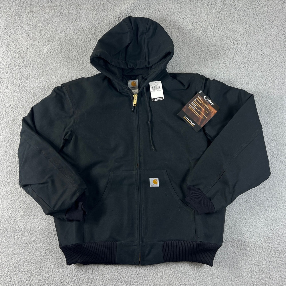 Carhartt Duck Active Jac Mens Medium Black Quilted Flannel Lined Hooded NWT